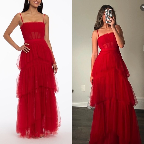 Betsy & Adam Red Ruffled Tiered Gown for Prom - Picture 1 of 8